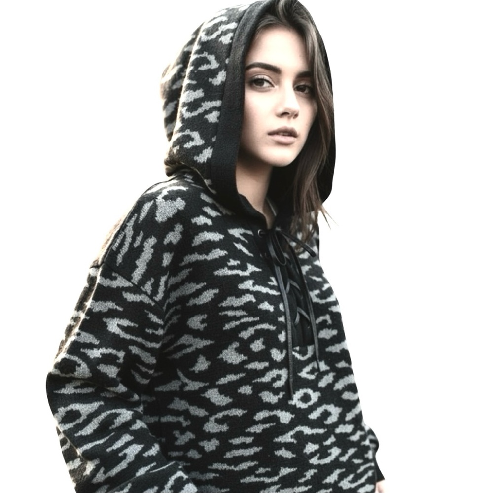 Rock and Republic Animal Print Lace-Up Sweater Hoodie Sweater Size S